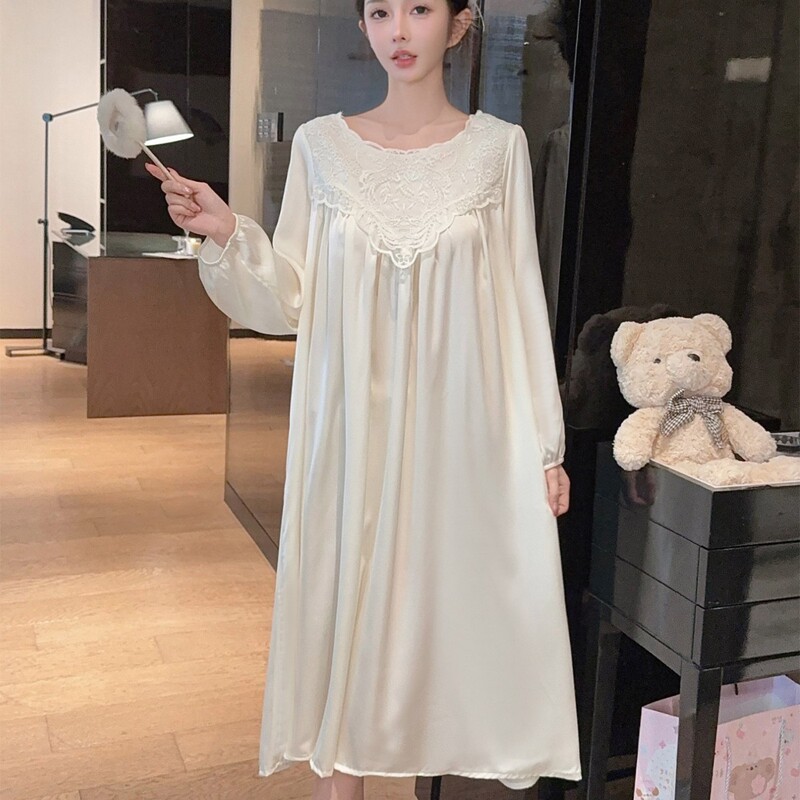Extended-Length Nightgown with Lace and Beautiful Back Design, Ice Silk Dress, French-Style Long-Sleeve Dress, Plus-Size Loose Fit Extended-Length Nightgown with Lace and Beautiful Back Design, Ice Silk Dress, French-Style Long-Sleeve Dress, Plus-Size Loose Fit
