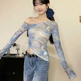 【网布】不规则露肩晕染罩衫长袖t恤美式修身辣妹纯欲斜肩网纱上