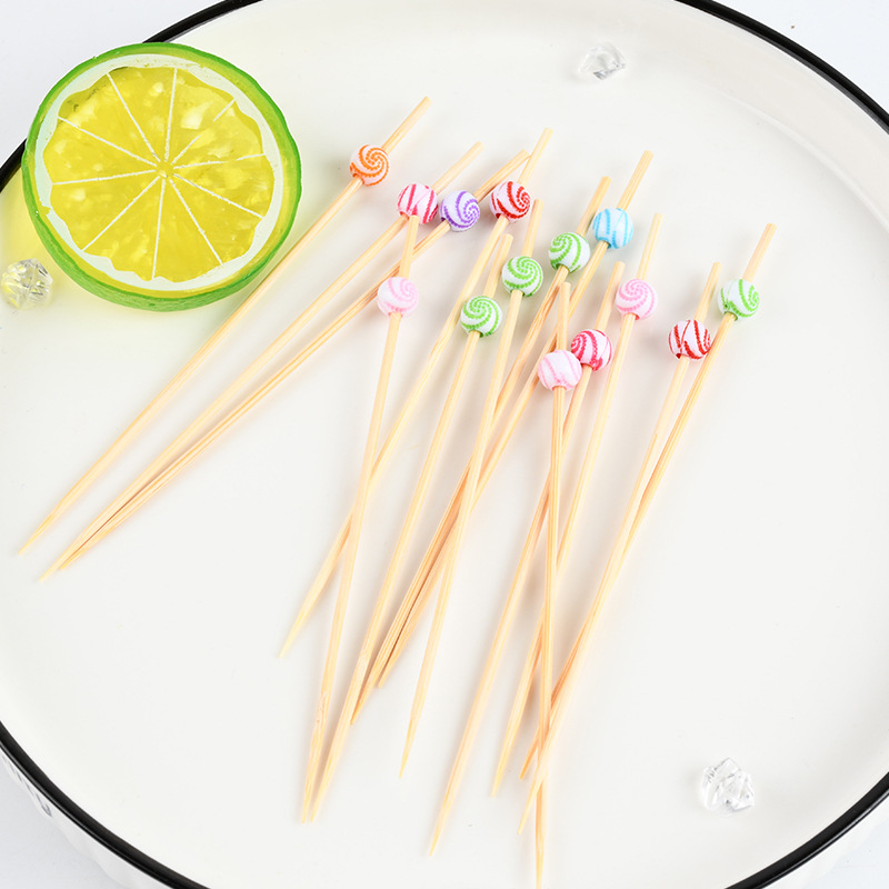 Frutas al por mayor bambú cuentas de color mezcladas color pastel creativo decoración horquilla de frutas para hacer postres postres