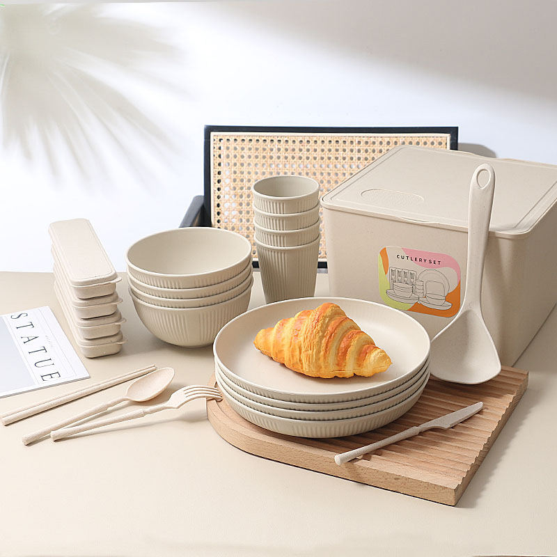 Amazon Wheat Straw Knife, Fork, Spoon, Chopsticks, Vertical Pattern Bowl, Cup, Plate, Portable Cutting Board, Fruit Knife, Camping Style Set