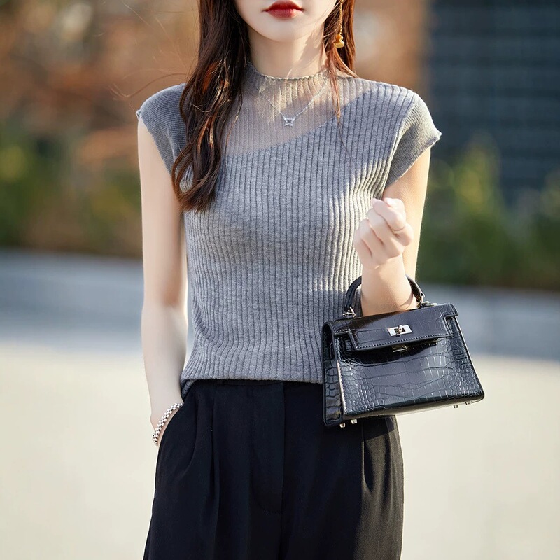 French-Style Semi-Transparent Black Tencel Knit Short-Sleeve Shirt for Women, Summer High-End Feel, Regular Shoulder, Sleeveless Ice Silk Top, Thin