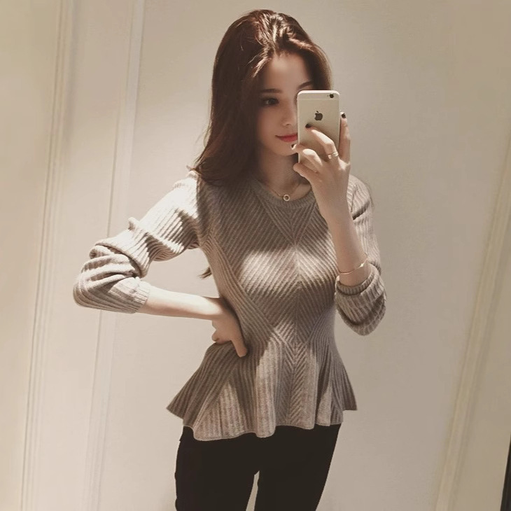 Triple Yarn Base Shirt Knitted Sweater Women's Autumn and Winter Tight Waist Crewneck Top Slim-fit Slimming Inner Tight Top
