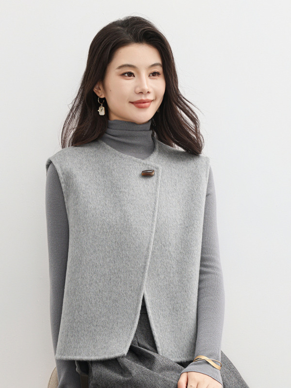 通勤灰色斜门襟圆领羊毛马甲女2025春秋季新款时尚洋气呢子坎肩女|undefined