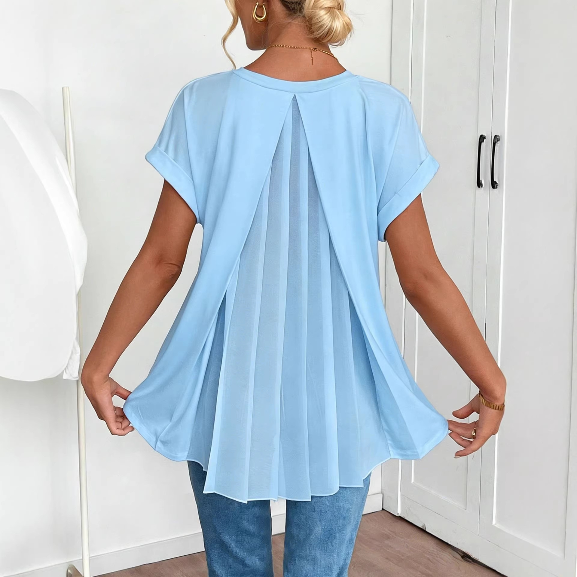 Women's Clothing Spring Women's Cross Border Top V Neck Short Sleeve Pleated Fashionable And Stylish Women's Clothing_ecoleips.com