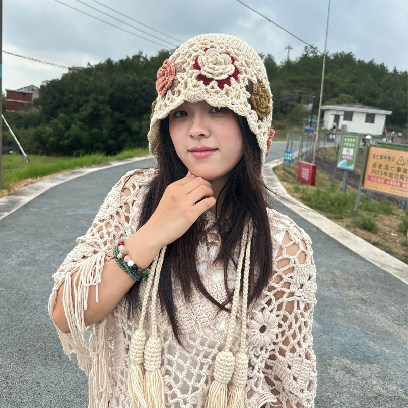 民族风手工编织镂空花朵针织帽子女春夏日系复古百搭显脸小套头帽