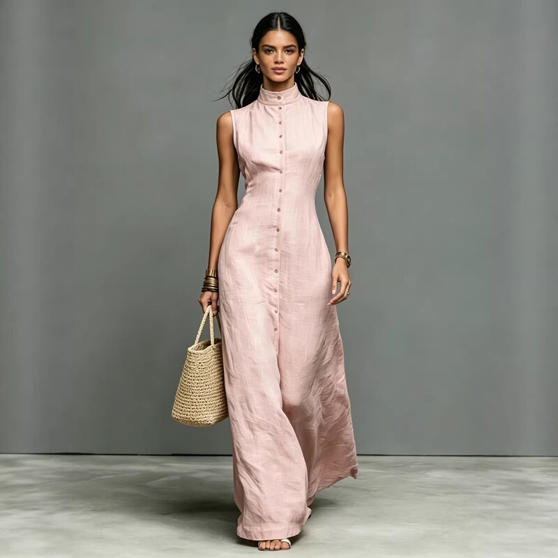 Cross-Border Amazon 2026 New Women's Minimalist Style Linen Blend Stand Collar Single-Breasted Sleeveless Maxi Dress