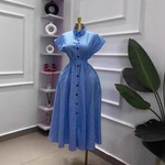 2025夏欧美复古跨境女装时尚条纹迷笛衬衫领短袖收腰一排扣连衣裙