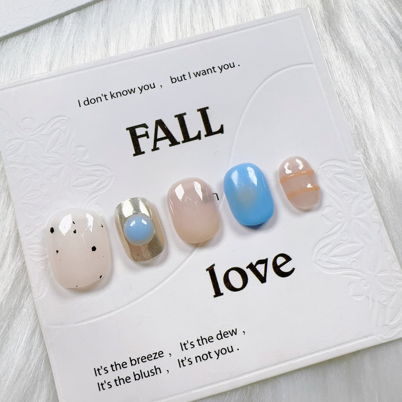 Nail Art Clear Jade Gel Polish Finished Product New Autumn and Winter Nude Color Gold-Plated Short Style Wearable Nails Easy to Remove and Convenient