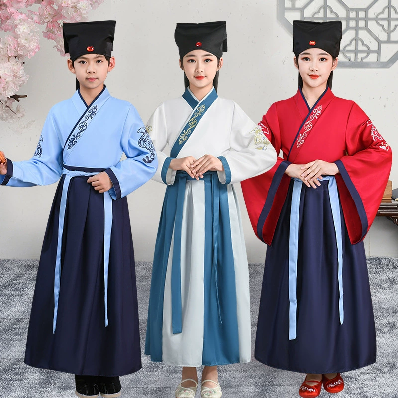 Традиционная китайская одежда для мальчиков и девочек, ученики начальной школы, древний костюм ханьфу, классическое представление с тремя персонажами, весенне-осеннее детское представление