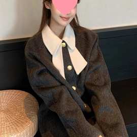 温柔风撞色蝴蝶结领长袖毛呢外套女秋冬新款小个子中长款大衣