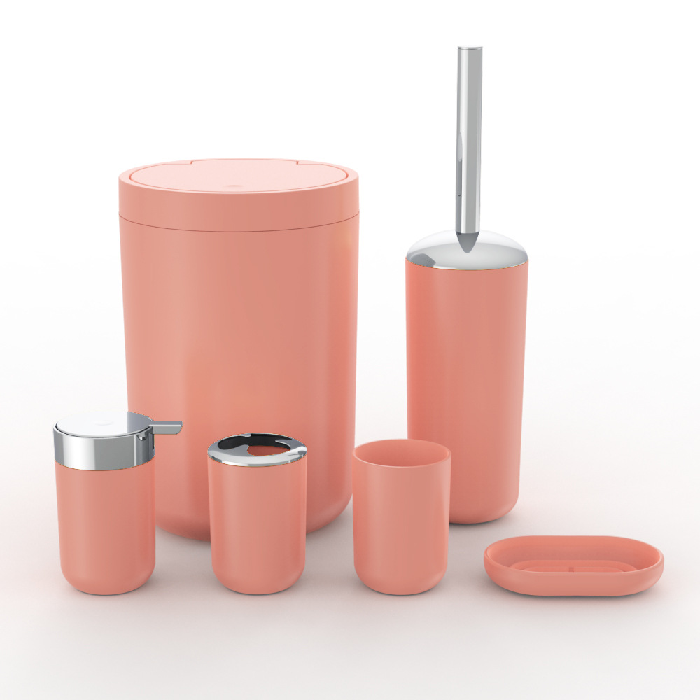 Plástico de color sólido plateado seis piezas conjunto de cepillo de dientes caja de jabón cepillo de inodoro almacenamiento baño conjunto de lavado