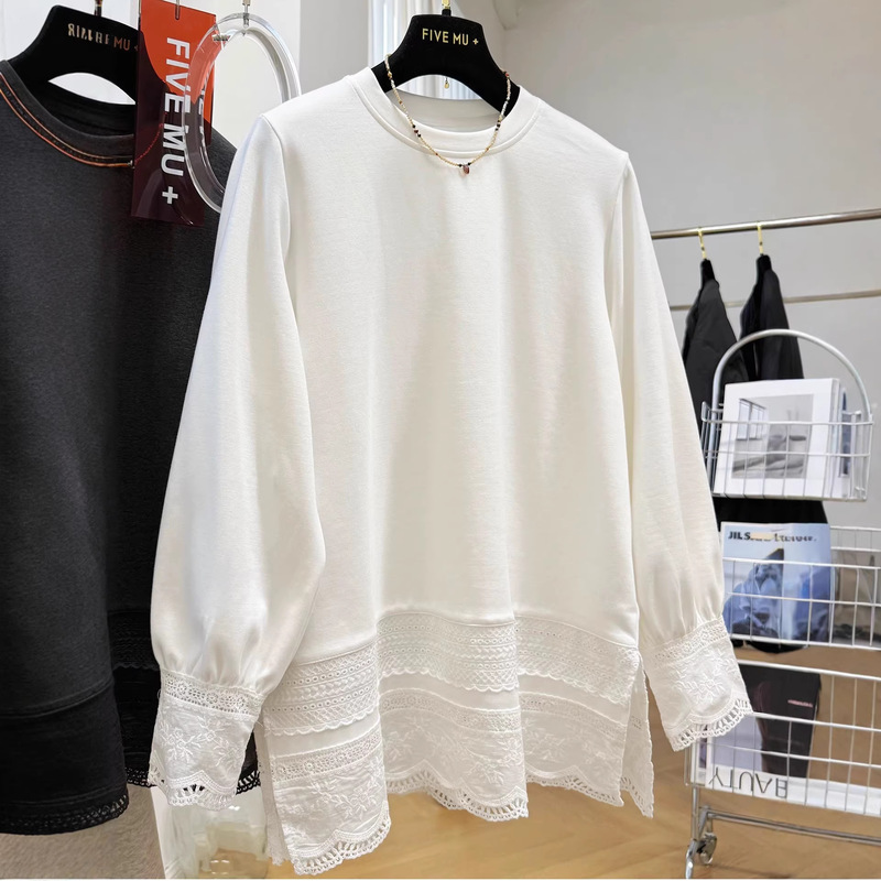 Cross-Border Solid Color Plus Size 120kg Korean Style Hollow Lace Splicing Brushed Thickened Long-Sleeve T-Shirt Women's Autumn and Winter New Style Cross-Border Solid Color Plus Size 120kg Korean Style Hollow Lace Splicing Brushed Thickened Long-Sleeve T-Shirt Women's Autumn and Winter New Style