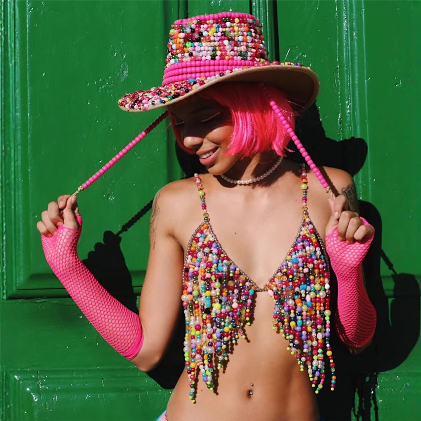 欧美女装彩色时尚靓丽手工串珠时尚beaded Bra 挂脖珍珠背心25282