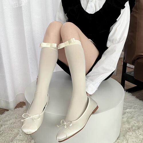 Spring and summer new ballet style velvet thin pile socks catwalk style one-word bow versatile calf socks JK
