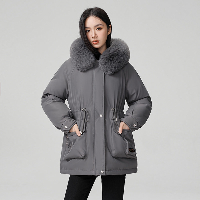 Paquete de mujeres de invierno nuevo estilo coreano de cintura delgada con capuzas cuello de pelo más chaqueta de algodón mediano largo image 10