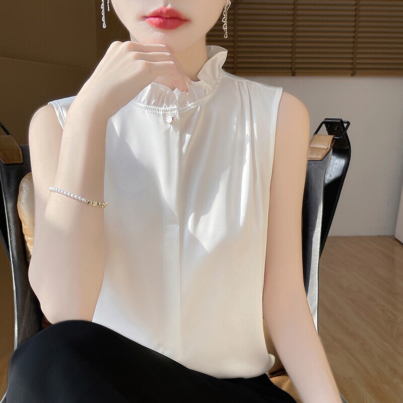 Nude Satin Ruffle Collar Sleeveless Base Shirt for Women 2026 Spring/Summer New Stylish Layered Wear with a Chic Stand-Up Collar Vest Nude Satin Ruffle Collar Sleeveless Base Shirt for Women 2026 Spring/Summer New Stylish Layered Wear with a Chic Stand-Up Collar Vest