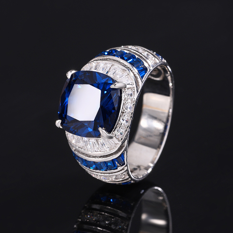 Zhuang Sheng joyería S925 ancla de plata Venta caliente simulación corindón rojo azul señaló cristal vintage grasa anillo cuadrado 10*10