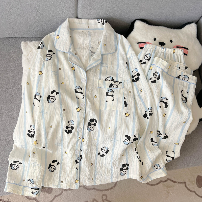 工厂直销云朵棉新款睡衣女长袖长裤开衫翻领卡通大码家居服套装|undefined