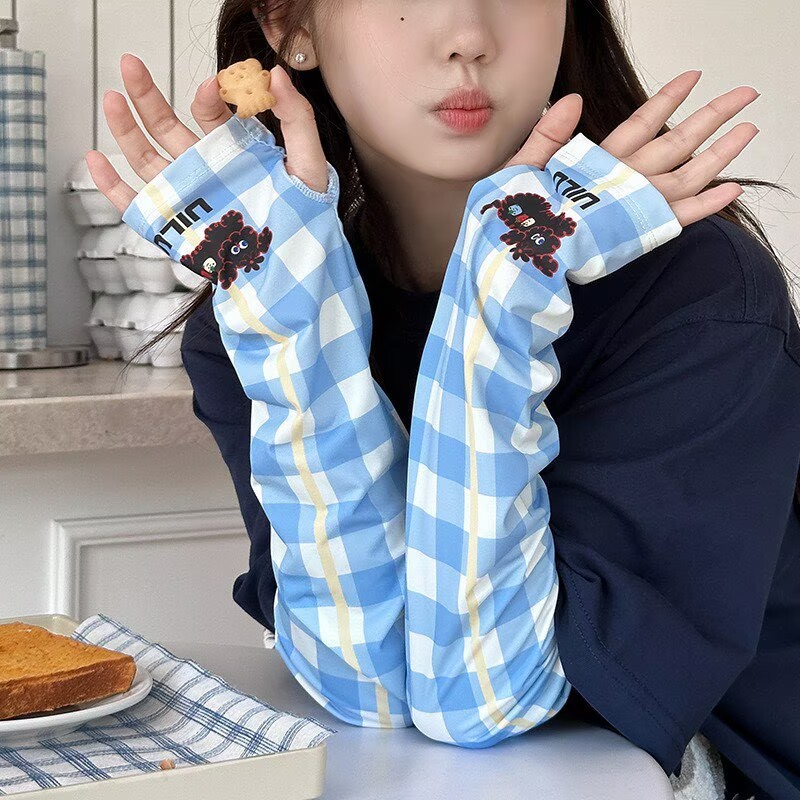 Pink Plaid Ice Silk Sun Protection Sleeves for Women, Summer 2025 New Style, Uv Protection, Cute Cartoon Design, Loose Fit for Driving