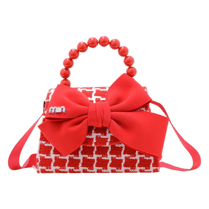 Año nuevo rojo Chanel estilo de los niños perla bolso del bebé lindo arco cadena niñas monedero