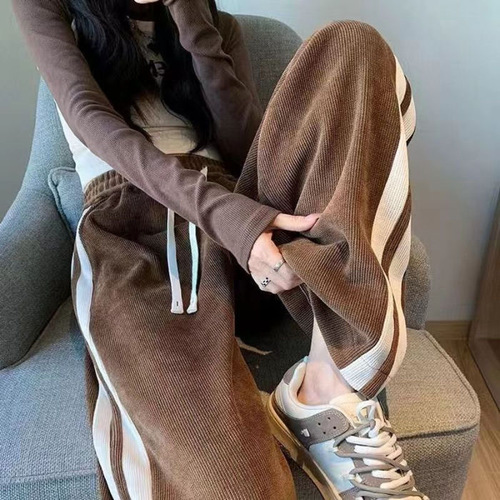 Flared Wide-Leg Trendy Long Pants with Plaid Pattern, Corduroy Fabric, Inner Thickenings, High-Waist, Straight Tube, and Slimming Effect for Girls