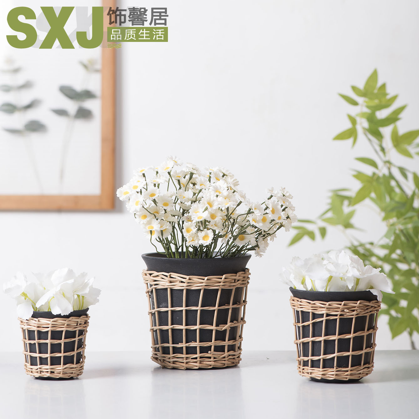 Maceta de plástico decorativa de sauce, planta verde, decoración de mesa, maceta de eneldo verde, balcón, jardín, maceta tejida creativa