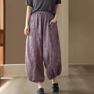 古咖服饰春夏文艺做旧扎染双层包边灯笼裤女复古气质细苎麻哈伦裤-阿里巴巴