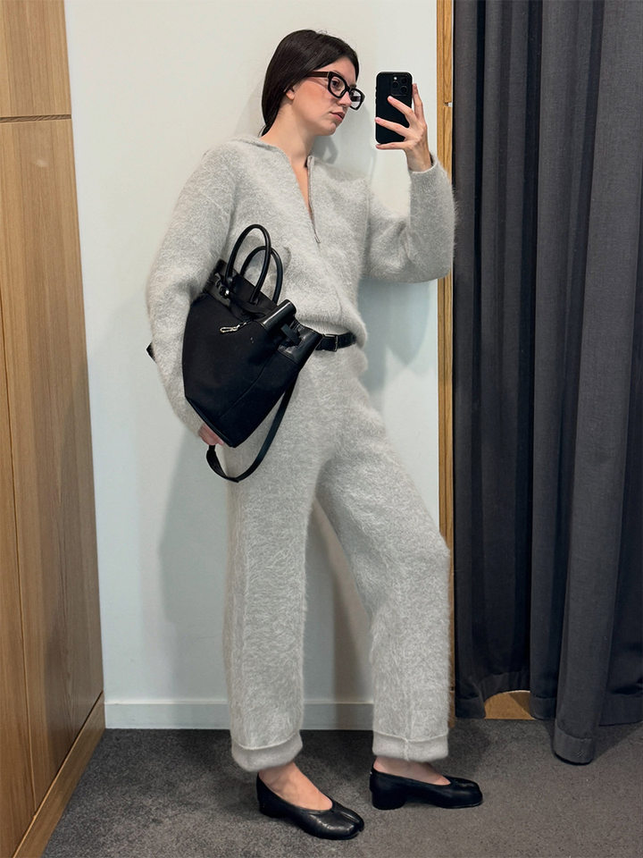 Bộ đôi áo cardigan len dệt kim có mũ khóa kéo viền lông giả và quần dài hai túi dáng rộng — màu xám chi tiết 15