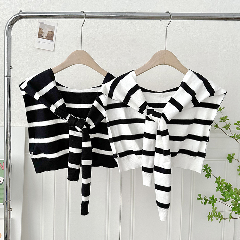 Challas de punto a rayas para mujeres 2025 aire acondicionado coreano aire acondicionado decoración cruzada pequeña camisa fábrica directa al por mayor