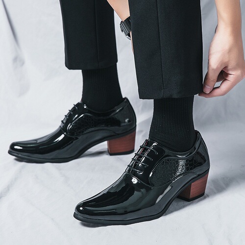 Mens Large Pointed High Heel Leather Shoes, British Business Casual Elevated Wedding Shoes, Korean Style Polished Stylist Trendy Shoes