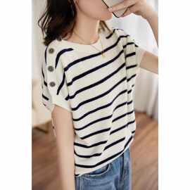 跨越时空的经典之美法式时髦条纹宽松连肩袖针织套衫女夏季外贸T