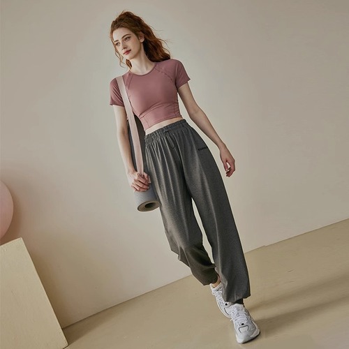 Women's Summer Thin Ice Silk Casual Long Pants Set Fitness Suit Ankle Running Loose Yoga Pants