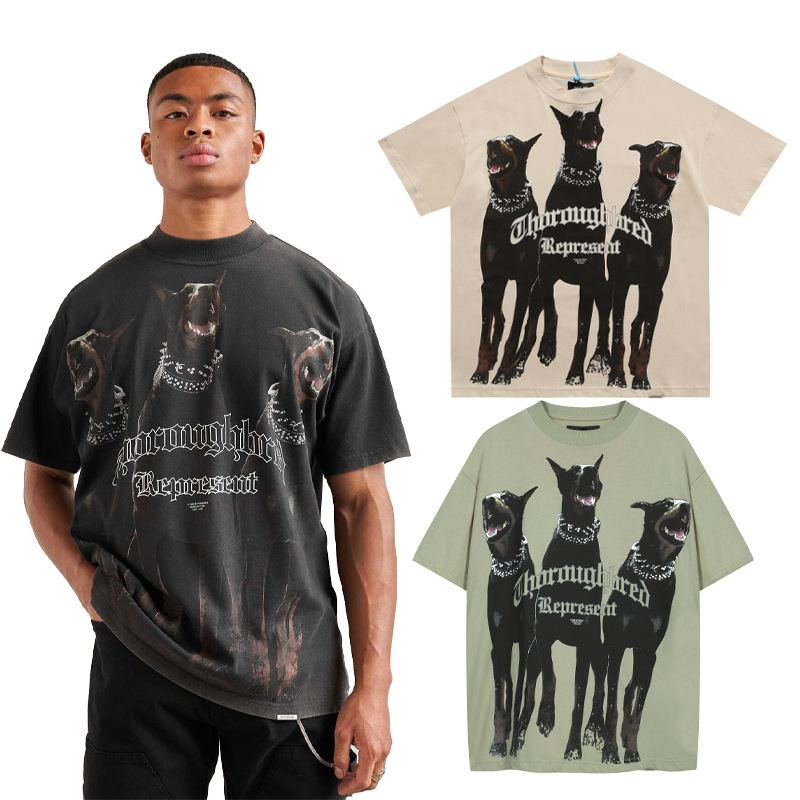 Cross-border REPRESENT negro Doberman impreso apenado High Street hombres Sueltos Mujeres pareja de manga corta Camiseta de la marca de moda