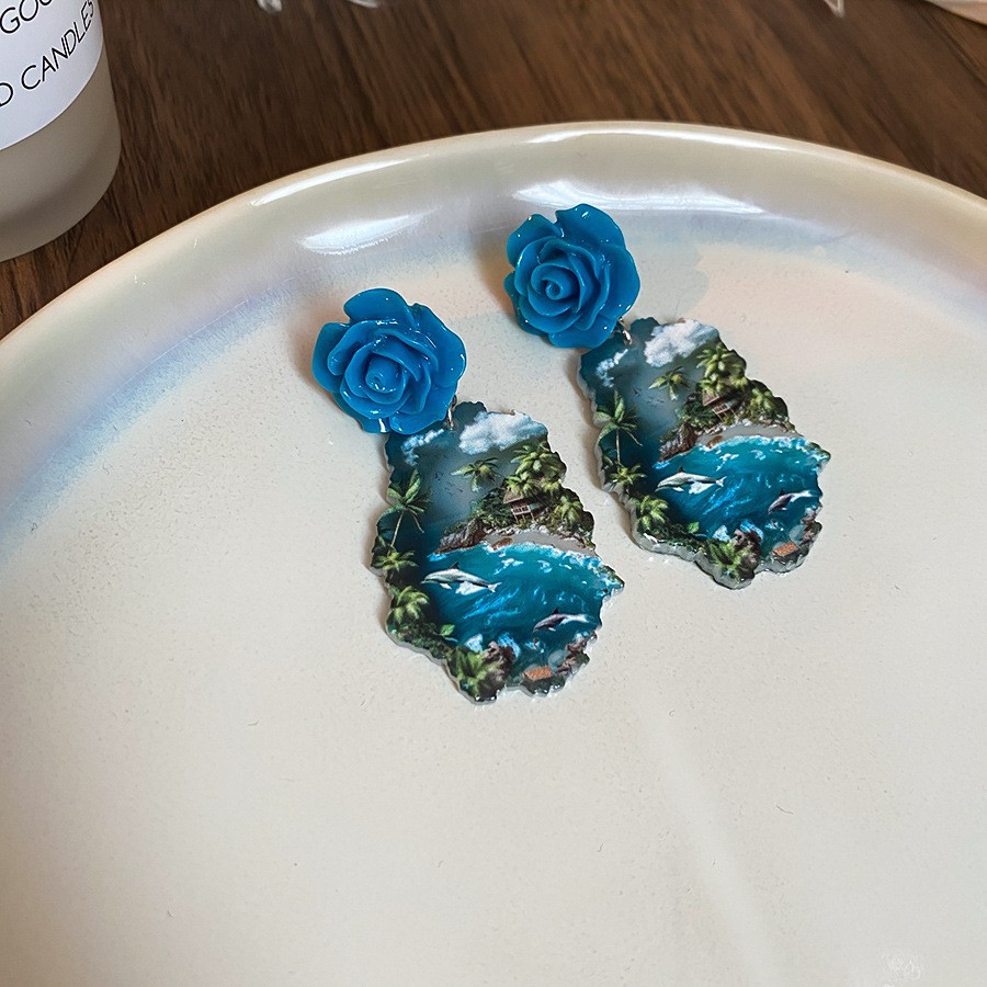 Pendientes de girasol de pintura al óleo francesa con aguja de plata, diseño creativo, pendientes de flamenco, pendientes de estilo artístico estético transfronterizo