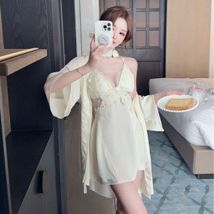 Sexy Pajamas for Women, Ice Silk Summer with Breast Pads, Beautiful Back, Lace Water-Soluble Flower Suspender Nightgown, Pure Lust Style Home Clothes