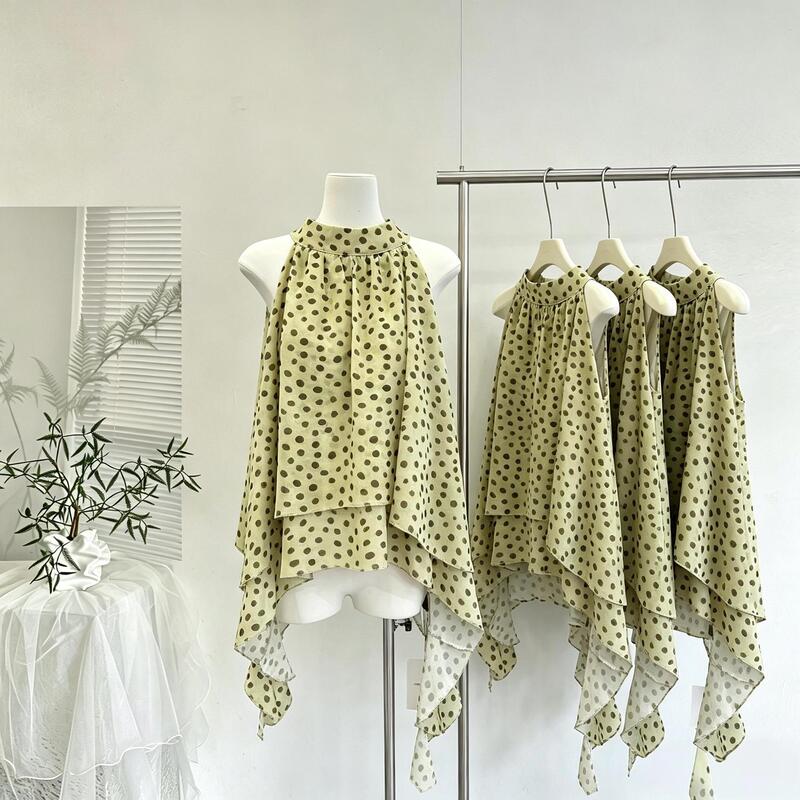 Spring/Summer New Style Elegant and Stylish Halter Neck Polka Dot Irregular Flowing Sleeveless Vest Top for Women