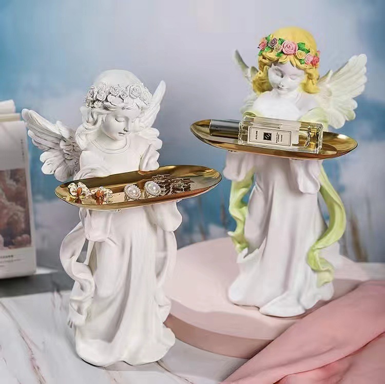 Nordic Praying Girl Angel Metal Tray Storage Ornament Nail Salon Cosmetics Handmade Decoration Display