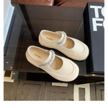 葡萄妈同款水钻一字带魔术贴大圆头浅口玛丽珍半拖帆布鞋女