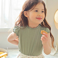 Summer New Elastic Knit Cotton T-Shirt with Moss Edge Round Neck Bouquet Sleeve Children's Water Drop Button Cute Baby Top