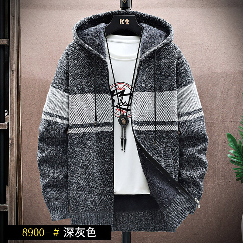 Suéter con Capucha para Hombre, Estilo Casual, Holgado, Forrado de Felpa, Grueso, de Manga Larga, Cárdigan de Punto, Otoño-Invierno