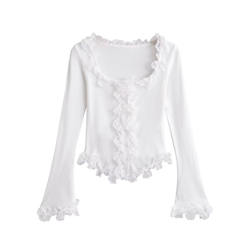 Amazon cross-border foreign trade wholesale French pure wind lace ear U-collar horn sleeve shirt top