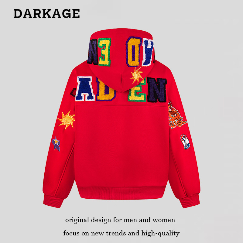 American Retro Colorful Letter Embroidered Hooded Cardigan Sweatshirt for Men and Women, New Year Couple Trendy Brand Sweatshirt Jacket