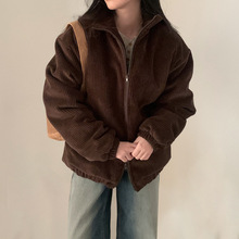 韩国chic秋冬复古翻领坑条设计感宽松显瘦灯芯绒棉服短开衫外套女
