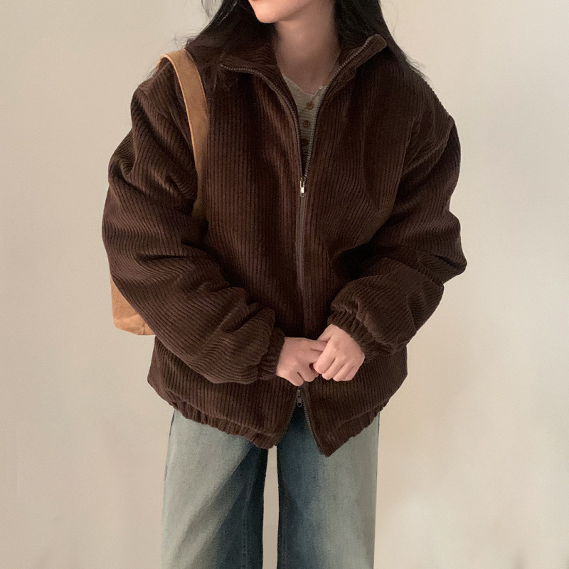 韩国chic秋冬复古翻领坑条设计感宽松显瘦灯芯绒棉服短开衫外套女