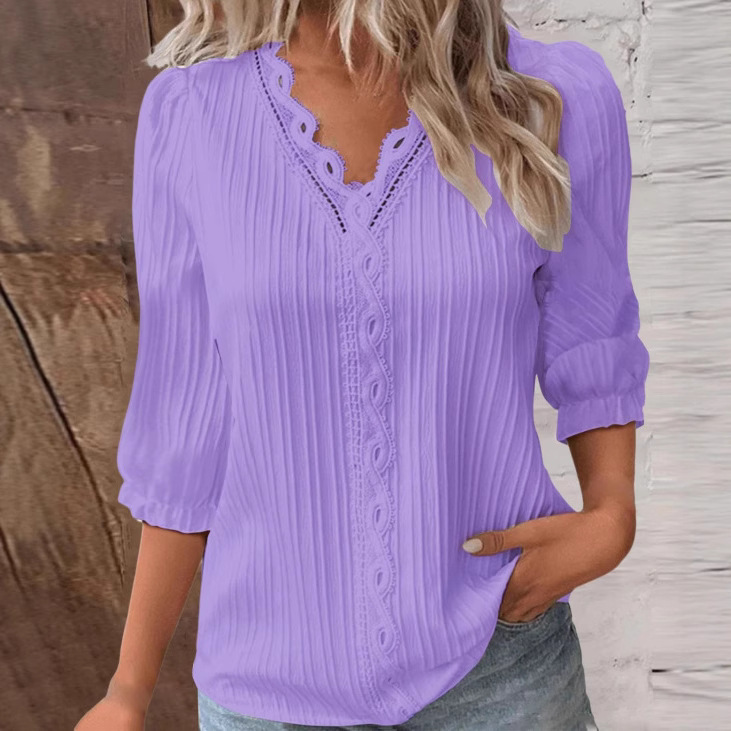 European and American Cross-Border Women's Lace Casual Shirt with Round Neck and Three-Quarter Sleeves