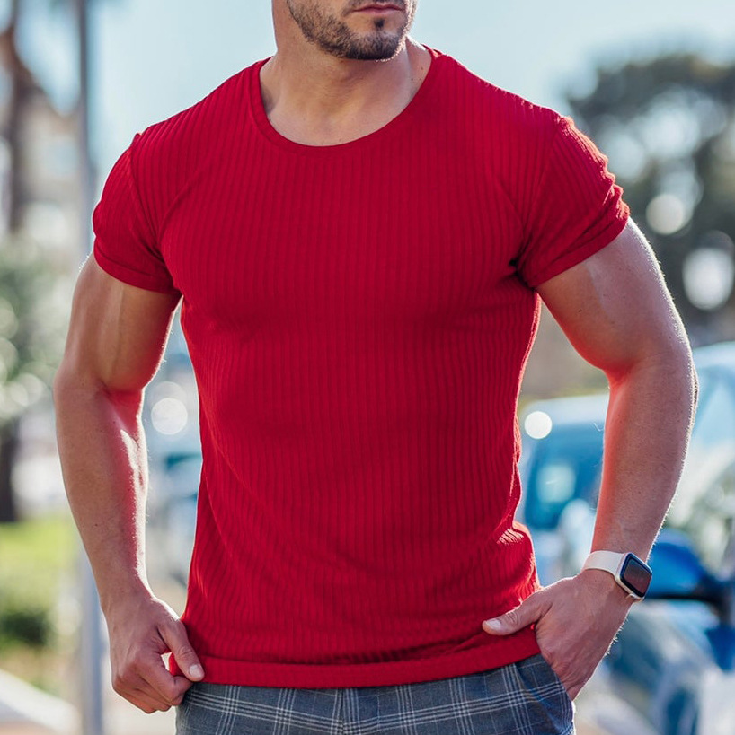 Nuevo comercio exterior transfronterizo de Europa y América nuevo hombre de manga corta de verano deportivo acondicionamiento físico ocio cuello redondo elástico camiseta vertical