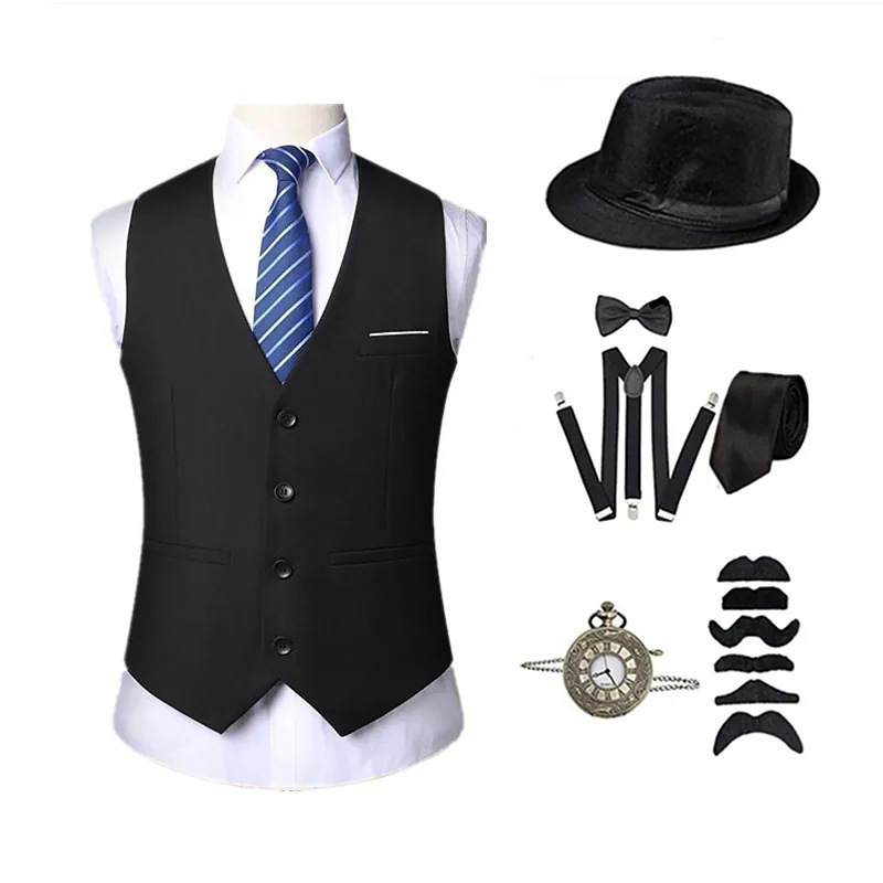 1920S Vintage Gatsby Dinner Dress Adult Ball Men's Vest Vest Hat Pocket Watch Tie suit