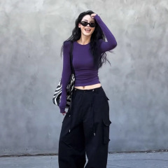 紫色圆领正肩针织长袖T恤女早秋新款修身内搭打底衫甜辣chic上衣