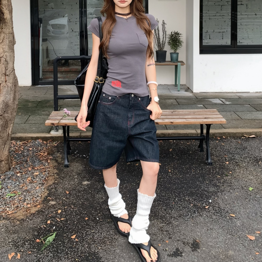 Unisex Straight Leg Denim Jeans Retro Washed Loose Fit Versatile New Summer Style Five Point Pants_mkmklike.com