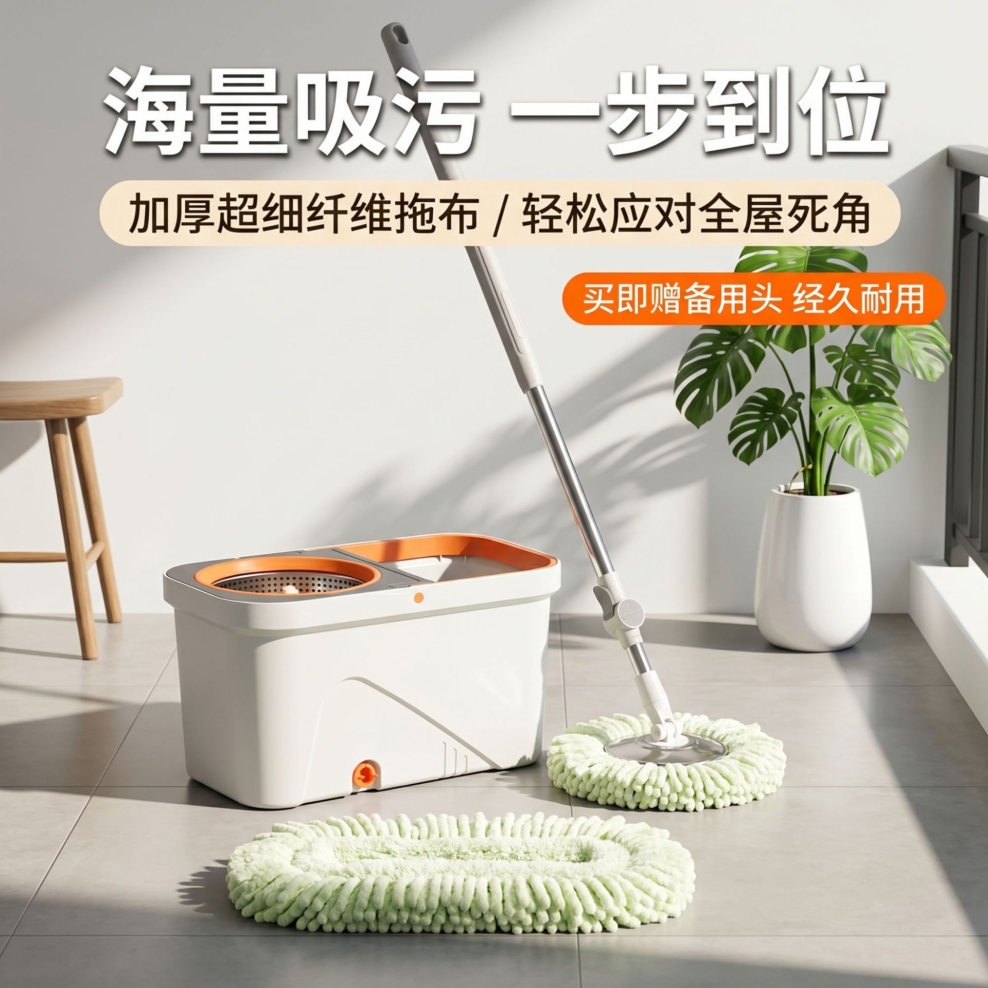 双驱旋转拖把不锈钢沥水篮干湿两用加厚杆拖布免手洗拖布地拖墩布